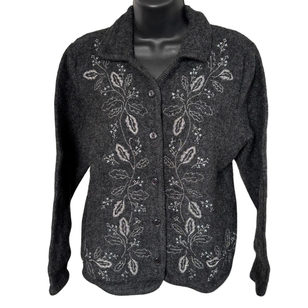 Vtg Studio Works Boiled‎ Wool Sweater Sz M Gray Embroidered Granny Cottagecore